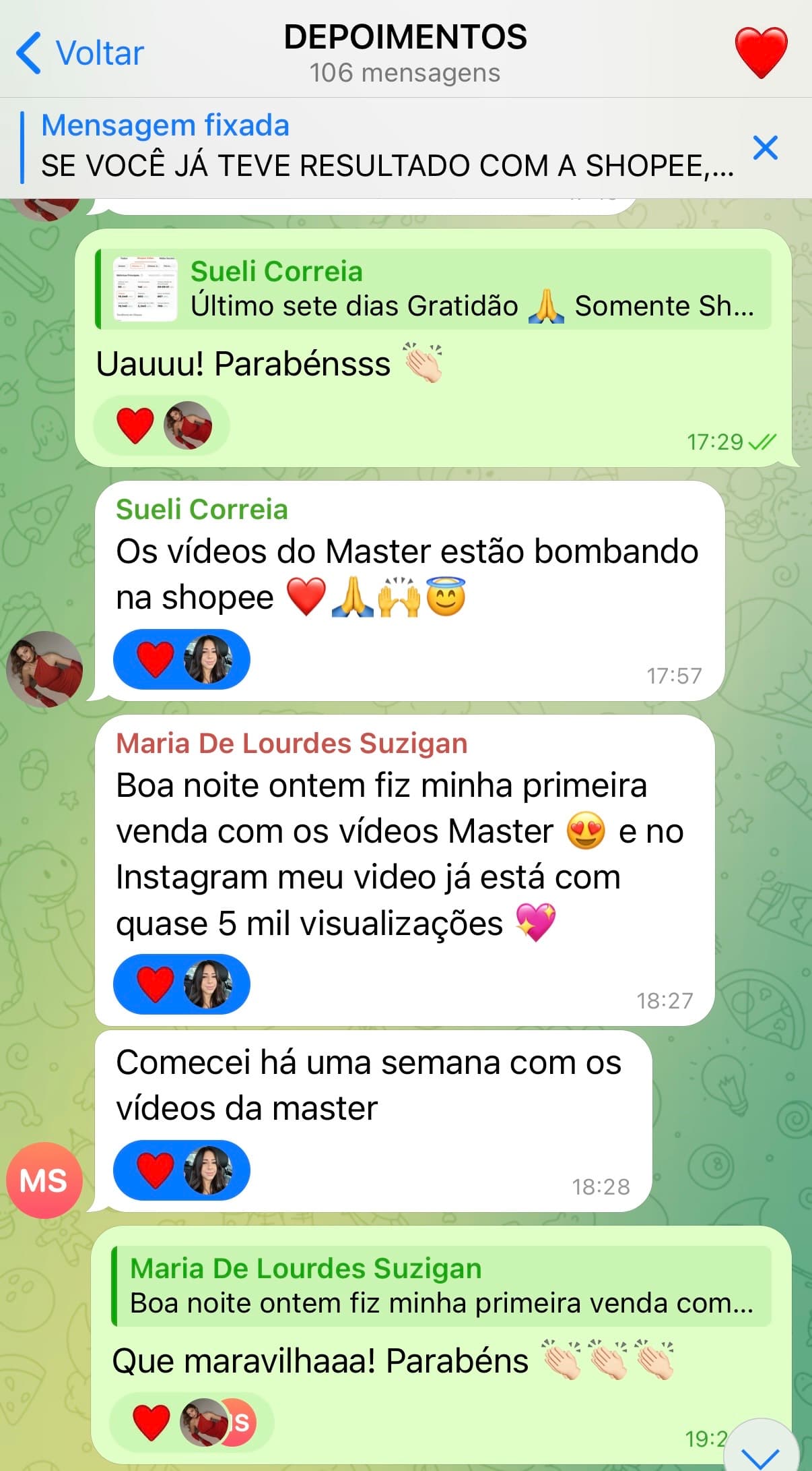 Afiliado comentando sobre a organização do catálogo