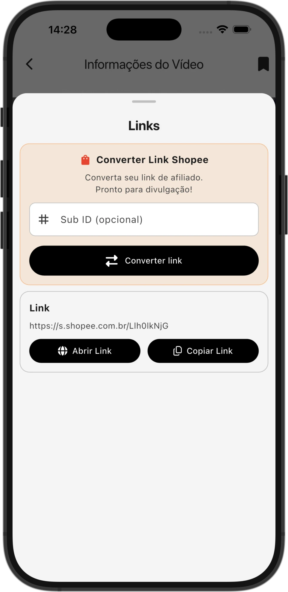 Tela de vídeo com link direto para produto